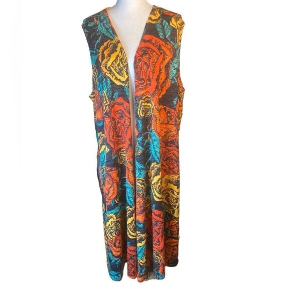 LuLaRoe Wms Sz XL Grey Background Floral Long Duster Open Cardigan Vest - Picture 1 of 5